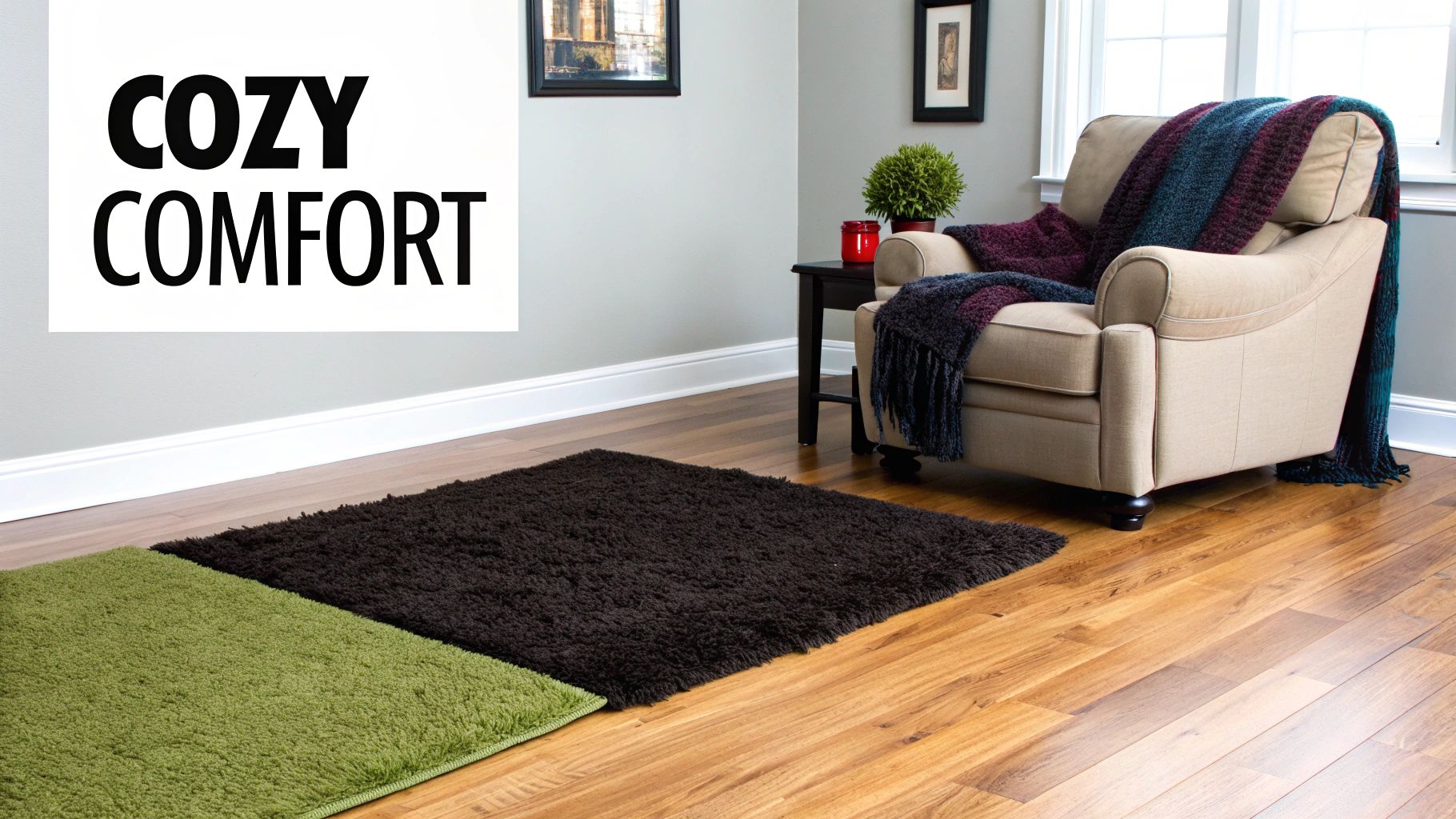 A living room with hardwood floors and an area rug, showing a hybrid solution.