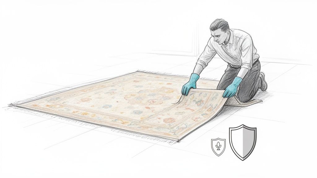 Illustration of a man in blue gloves carefully rolling up a patterned rug.