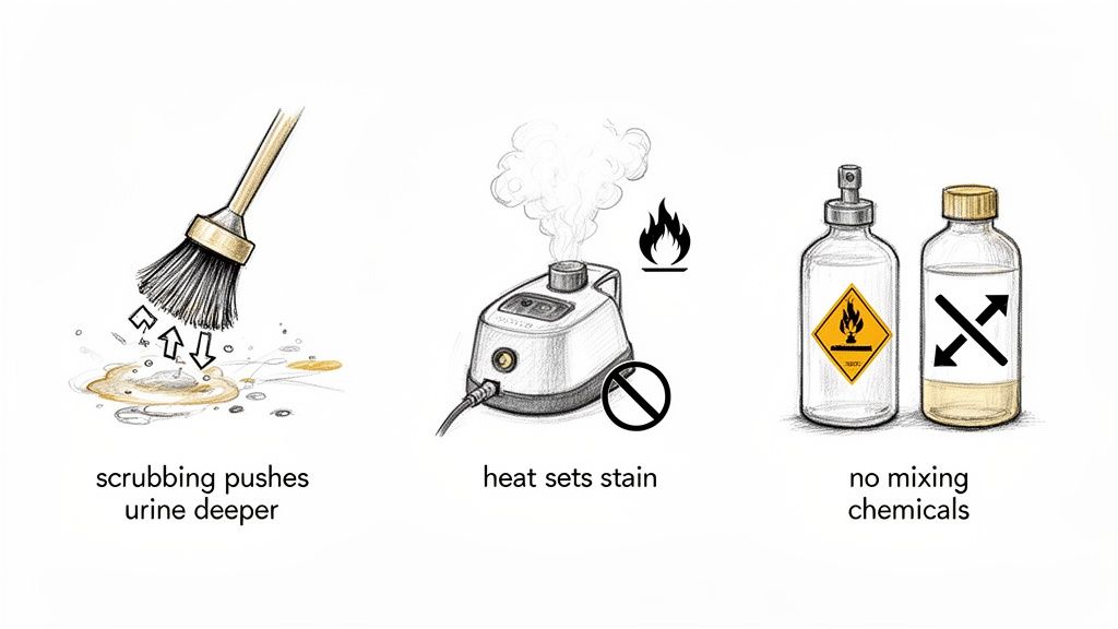Illustrations show common mistakes when cleaning pet urine: scrubbing, using heat, and mixing chemicals.