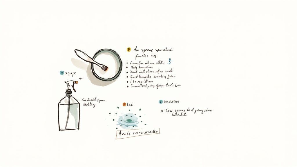 Illustration showing various cleaning tools like a spray bottle and brush with handwritten instructions.