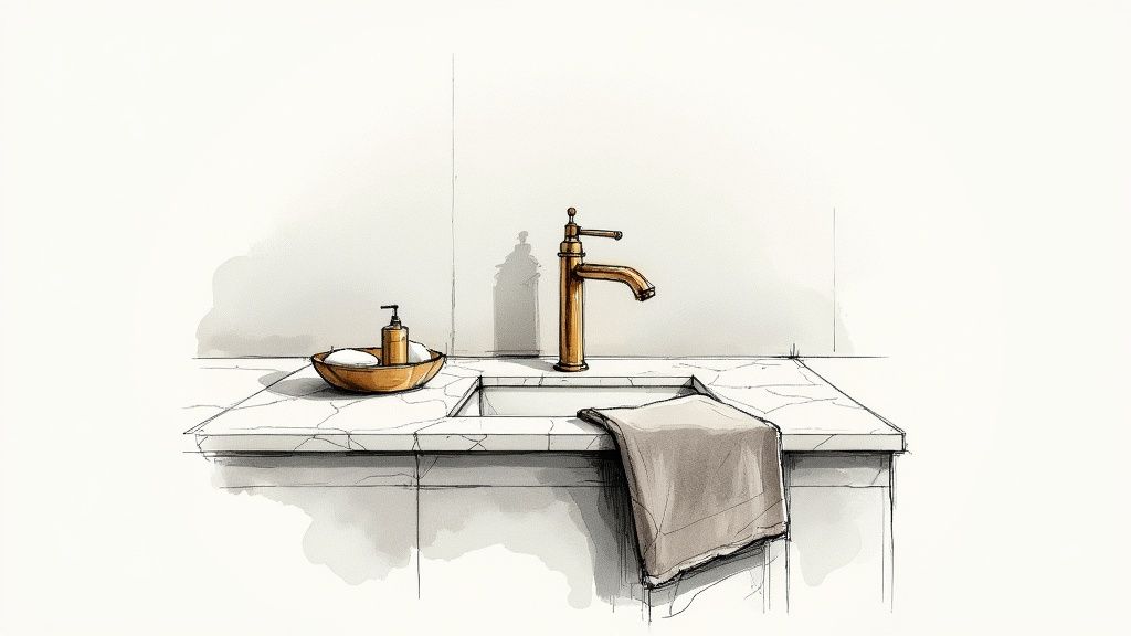 Sketch of a stylish bathroom vanity with a bronze faucet, soap dispenser, and a beige hand towel.