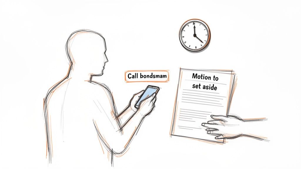A sketch showing a person with a phone, a clock, and a legal document about setting aside a motion.