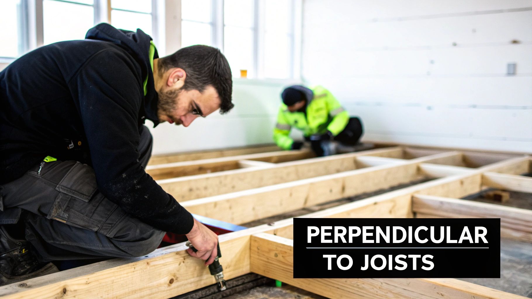 Two construction workers installing a new wooden subfloor frame indoors, with one worker using a drill.