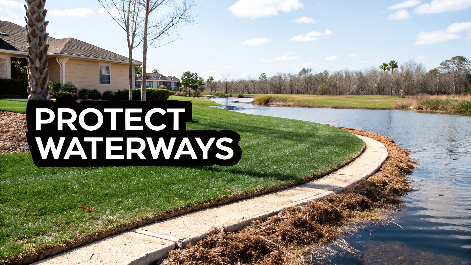 A well-manicured lawn next to a winding waterway with text 'PROTECT WATERWAYS' visible.