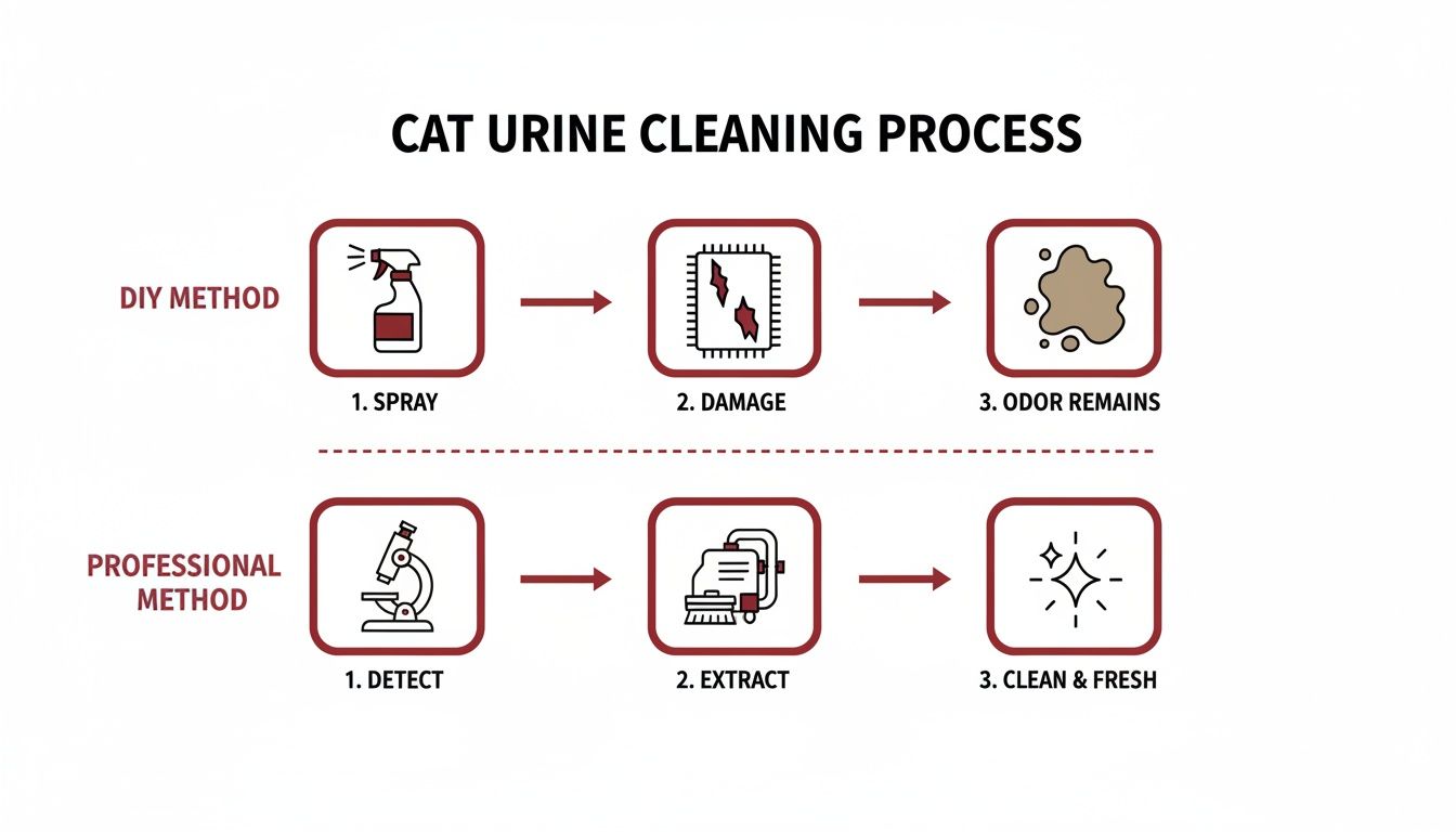 Diagram showing two methods for cleaning cat urine: DIY leading to damage and odor, professional to clean results.