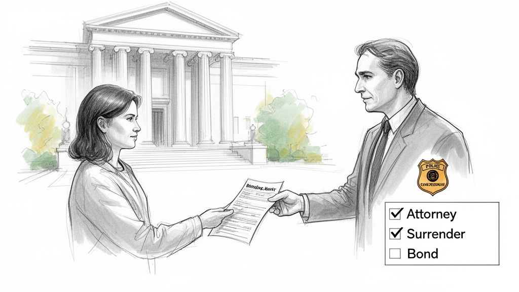 A woman hands a legal document to a man, likely an attorney, outside a courthouse with legal options.
