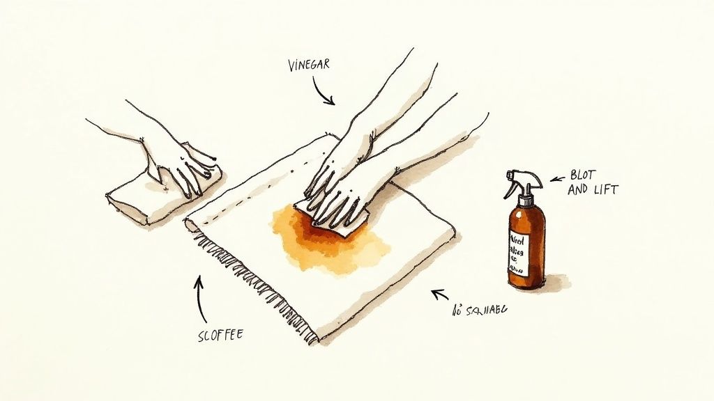 Hands blotting a spilled coffee stain on a rug with a cloth, using a vinegar spray.