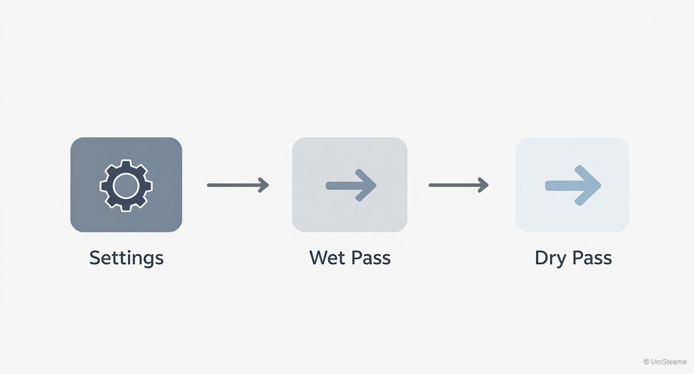 A three-step process diagram showing Settings (gear icon), Wet Pass, and Dry Pass, connected by arrows.