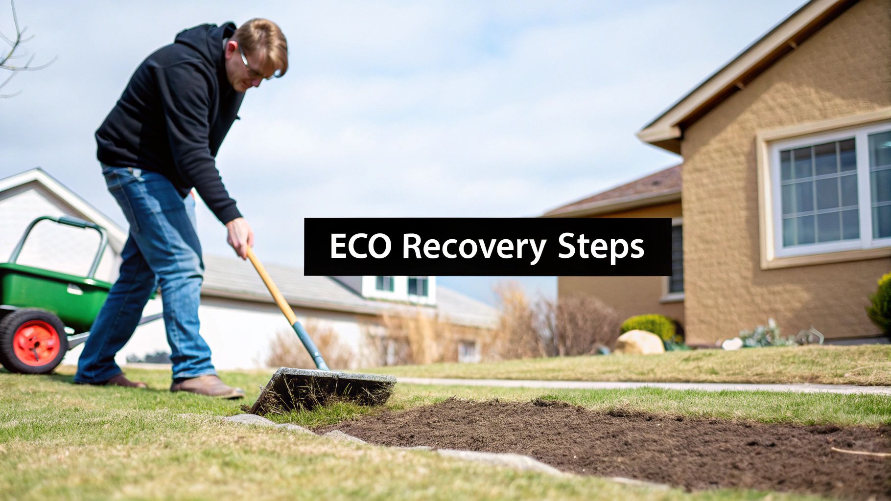 A man in a black hoodie raking soil in a patch of a lawn with a green wheelbarrow nearby.