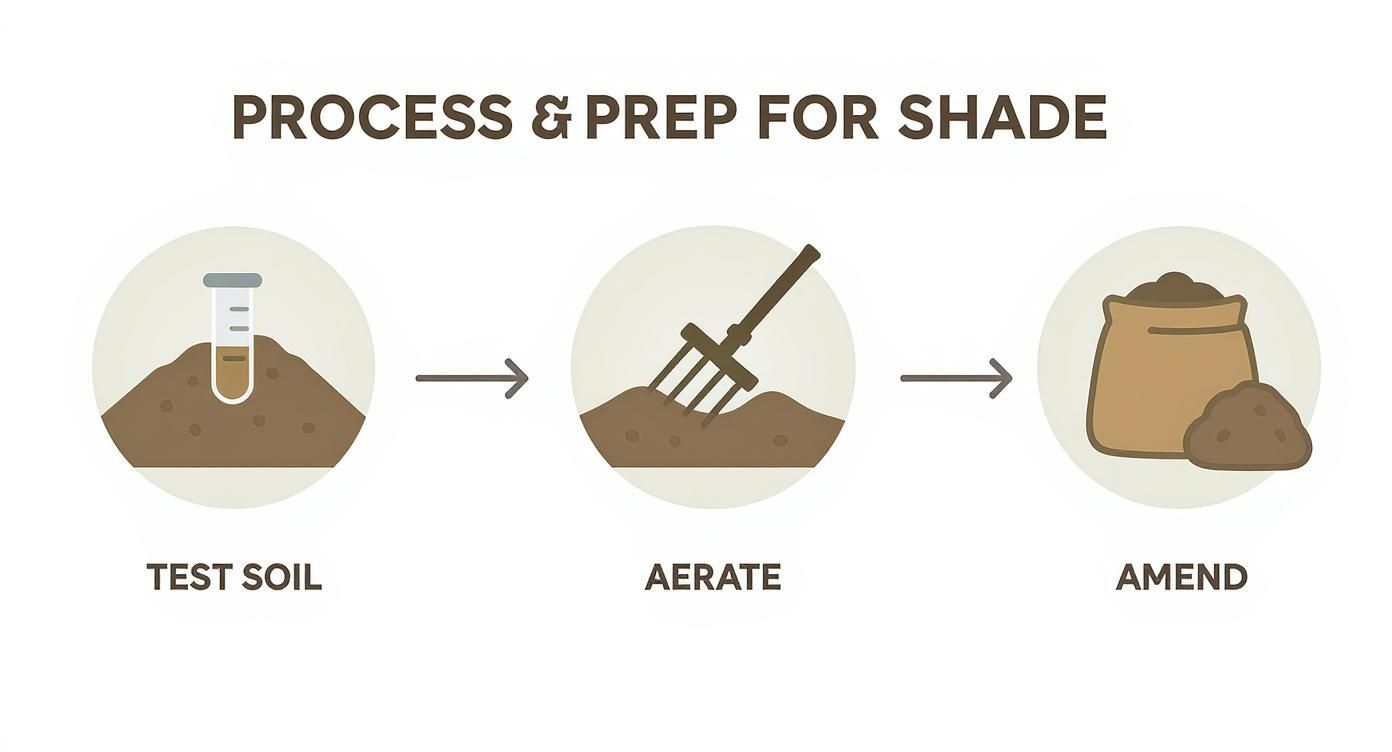 Infographic showing the process of soil preparation for shade with icons for testing, aerating, and amending.