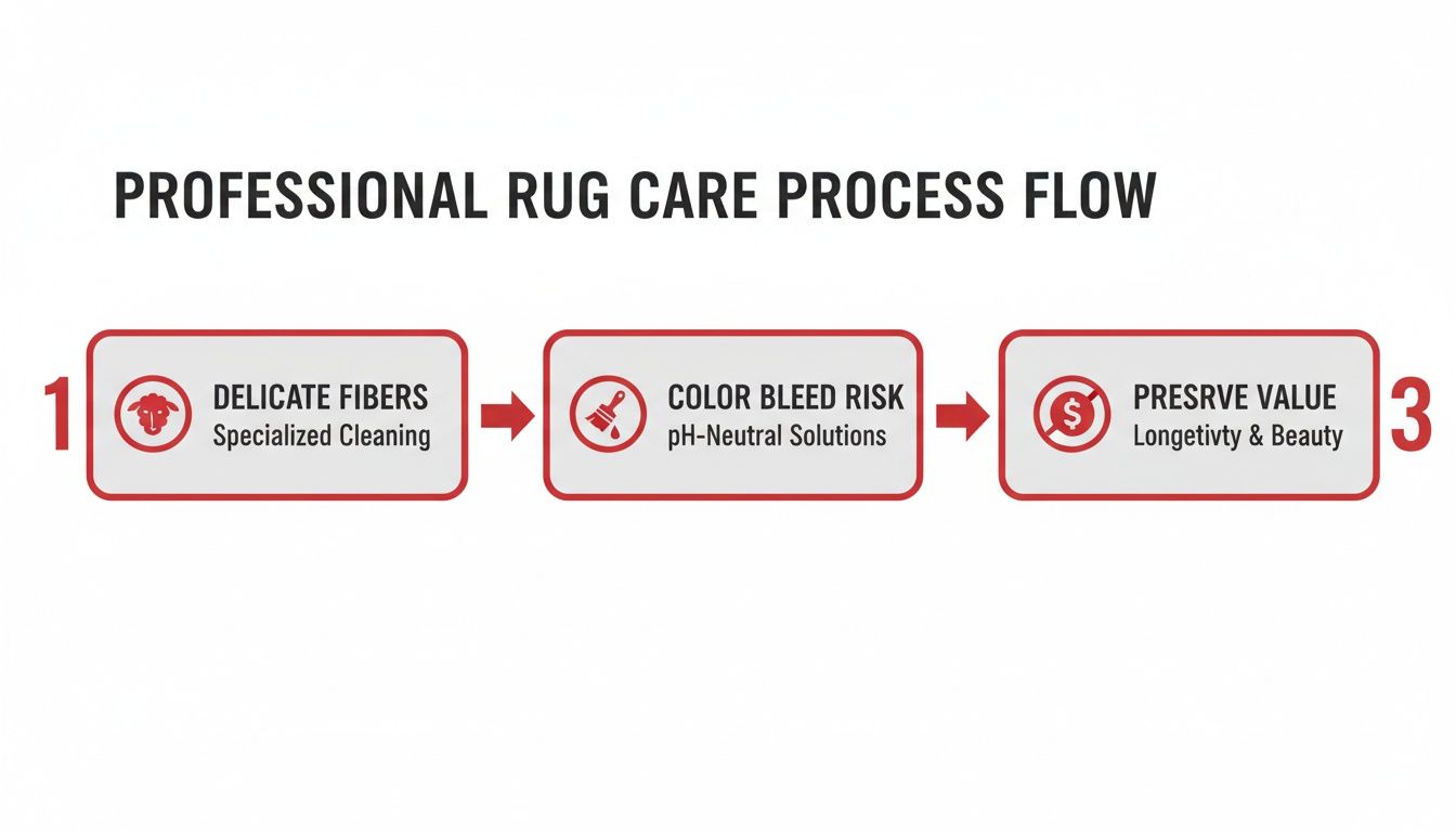Professional rug care process flow with three steps: delicate fibers, color bleed risk, and value preservation.