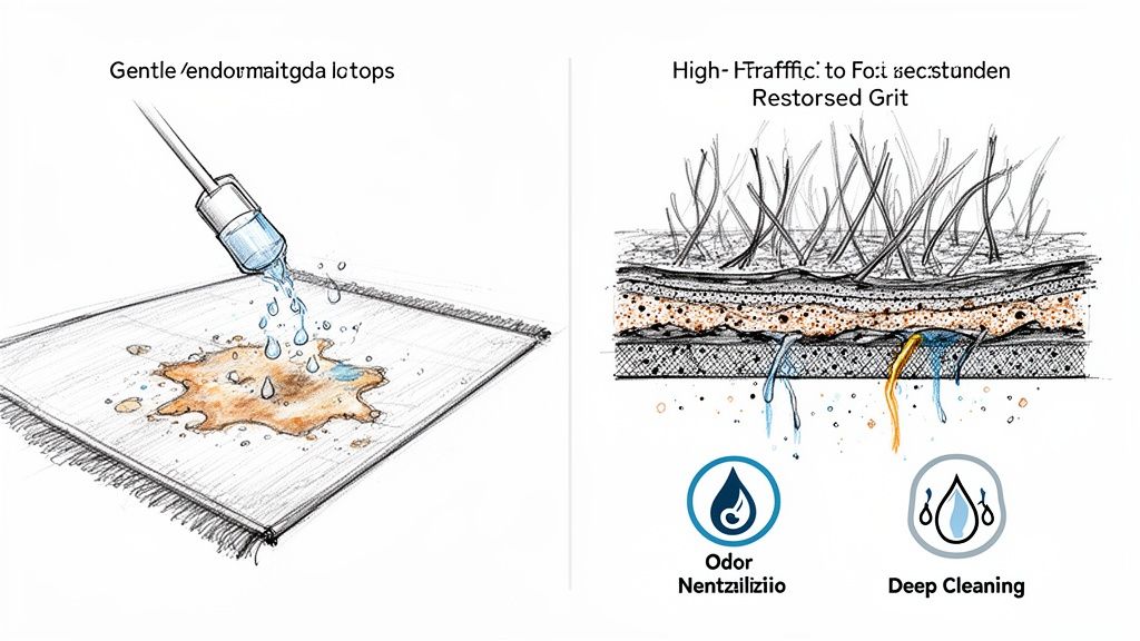 Illustration of liquid cleaning a stained rug, and a cross-section demonstrating deep cleaning and odor removal.