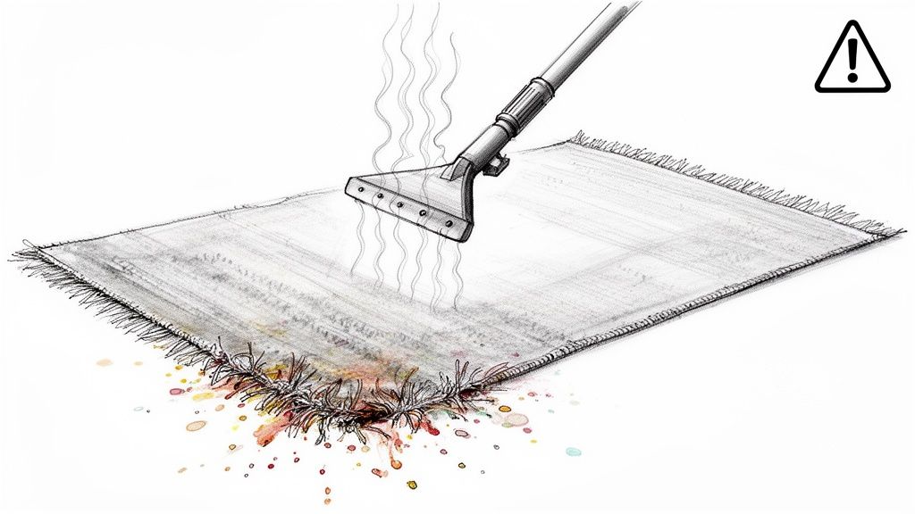 A steam cleaner damages a fringed rug, causing its fibers to shrivel with liquid splatters and a warning symbol.