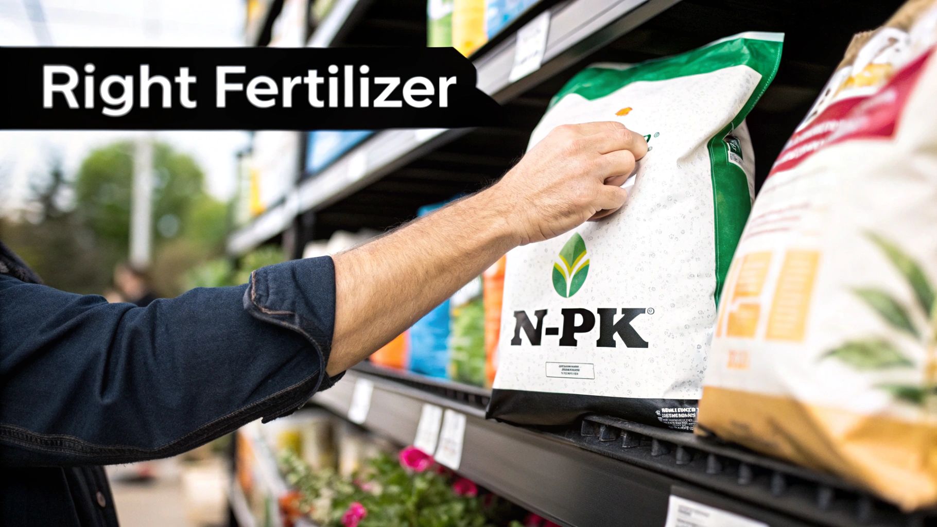 A hand reaches for a bag of N-P-K fertilizer on a store shelf under a banner reading 'Right Fertilizer'.