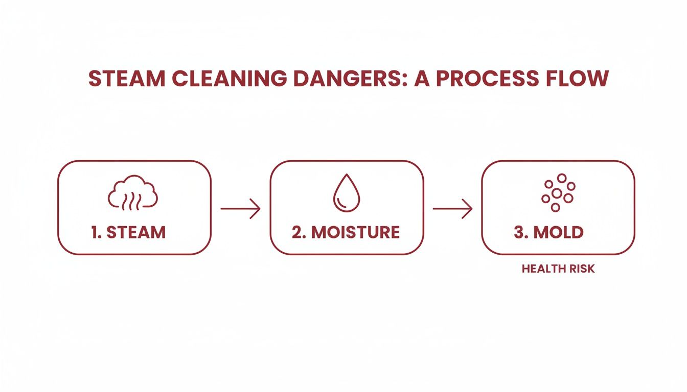 Flowchart illustrating steam cleaning dangers: steam leads to moisture, which creates mold, posing a health risk.