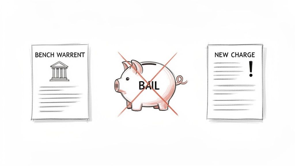 Illustration showing a bench warrant document, a crossed-out bail piggy bank, and a new charge document.