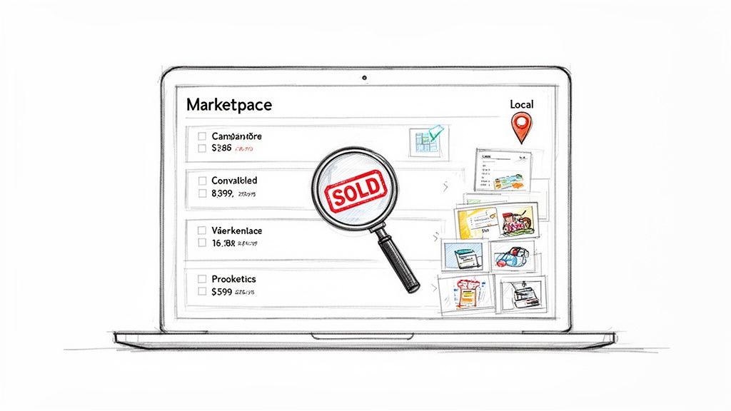 A sketch of a laptop displaying a marketplace list with items and prices, with a 'SOLD' magnifying glass overlay.