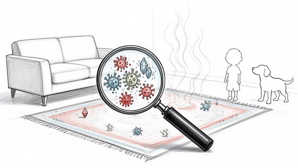 Magnifying glass shows germs and crypto symbols on a rug, with a child and dog nearby.