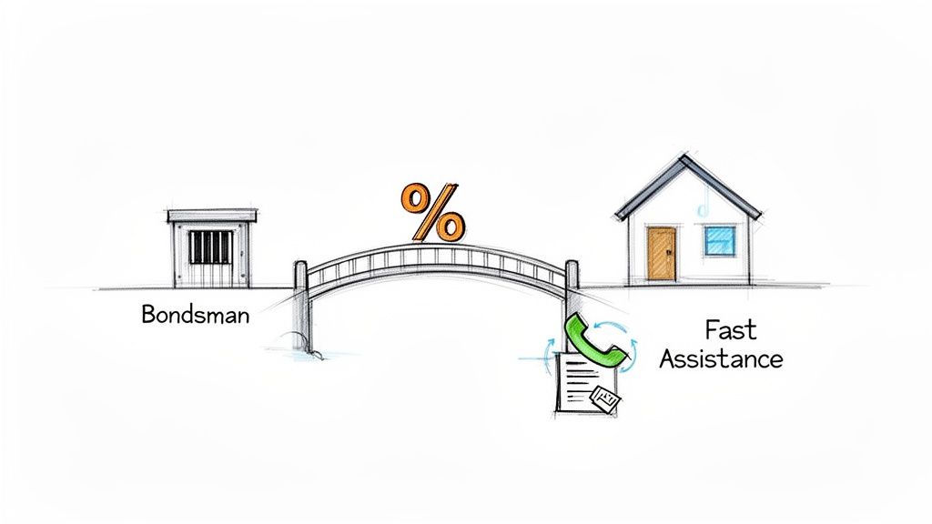 A sketch shows a bridge connecting a bondsman's office to a house with fast assistance, featuring a percentage symbol.