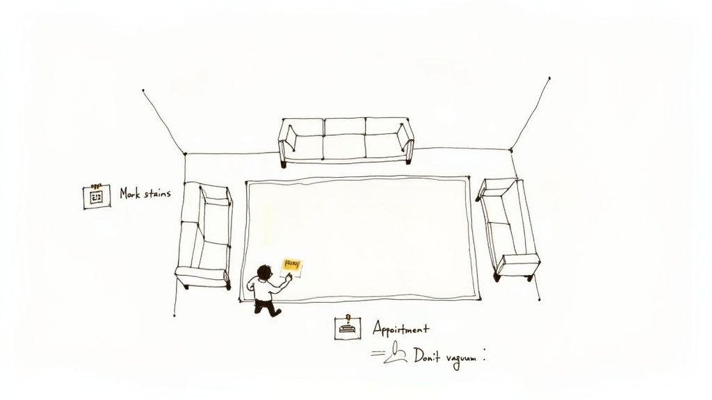 A sketch shows a person marking a rug for stains, with notes indicating "Mark stains" and "Don't vacuum" due to an appointment.