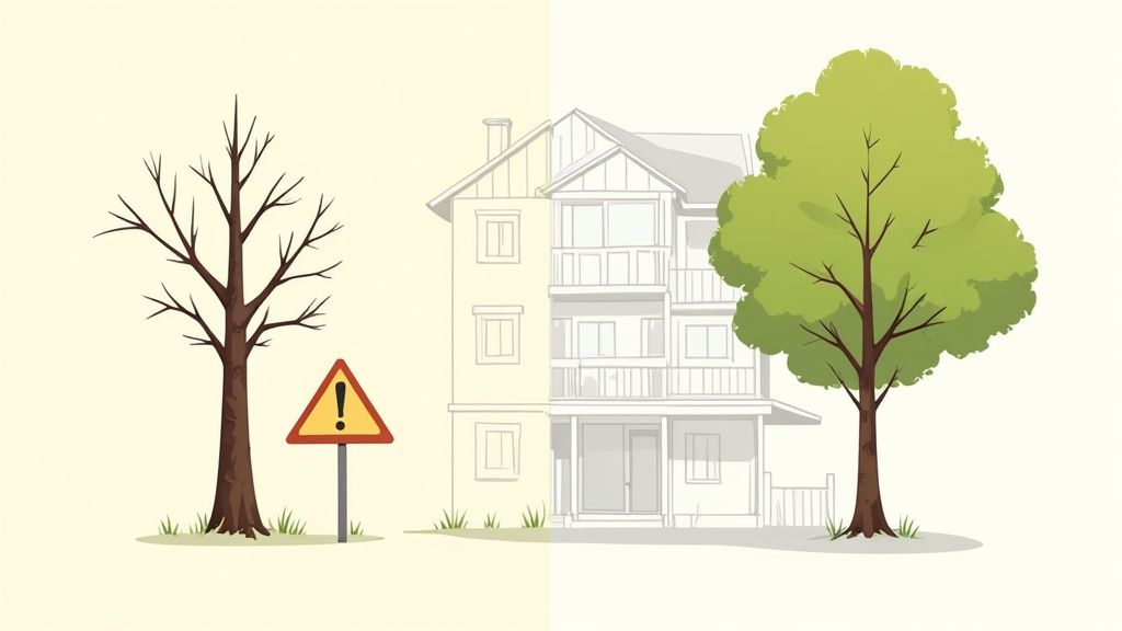 Three different types of trees in a row, one healthy, one dead, and one with construction equipment nearby