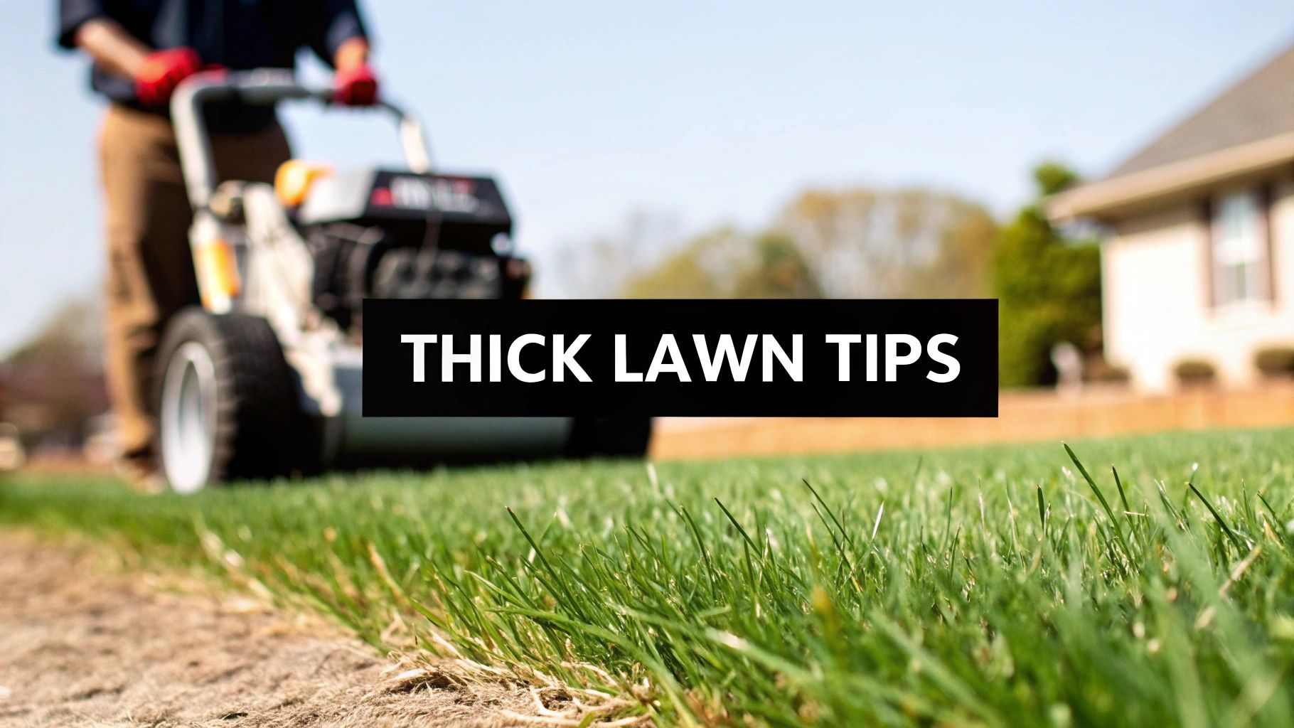 A person uses a lawn aerator on a lush green lawn, with text "THICK LAWN TIPS" overlay.