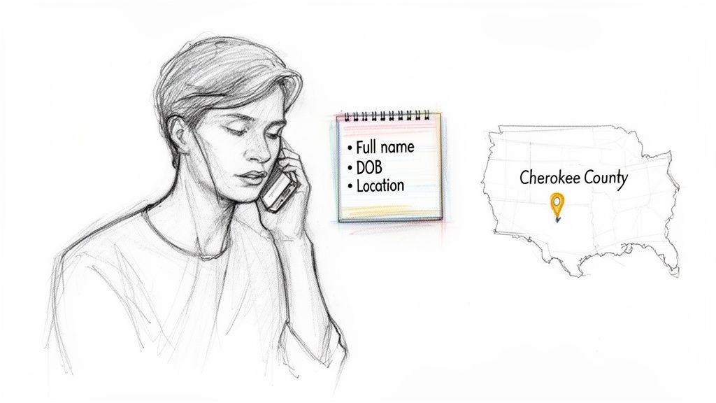 Pencil sketch of a person on phone, personal details, and a map pinpointing Cherokee County.