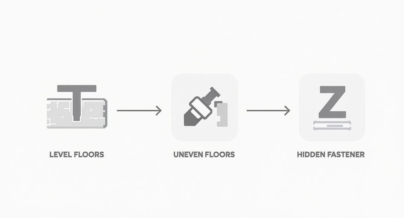 Diagram showing three-step flooring installation process with level floors, uneven floors, and hidden fastener system
