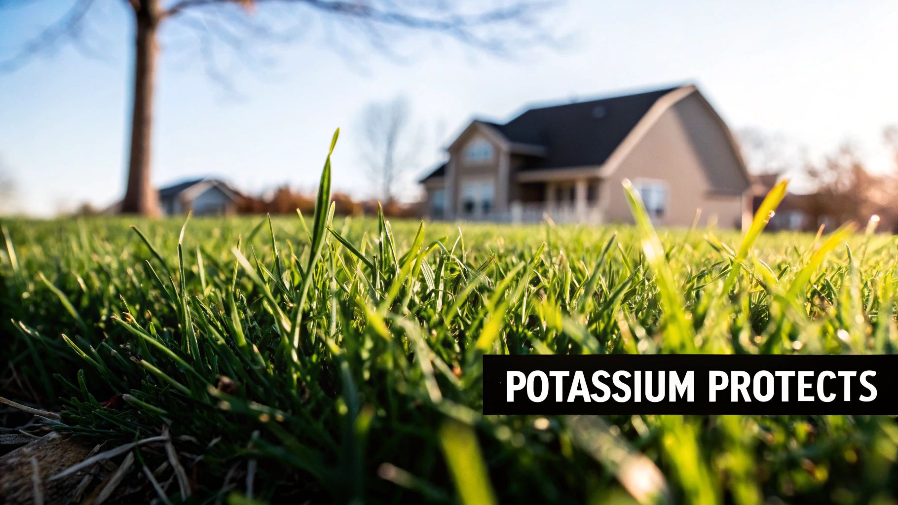 A lush, healthy green lawn in a suburban neighborhood, representing the goal of proper potassium fertilization.