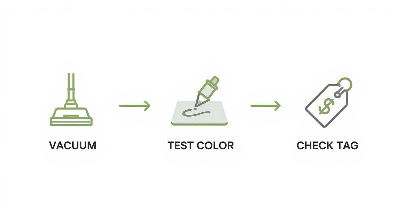 A three-step process with icons for vacuuming, testing color, and checking a price tag.