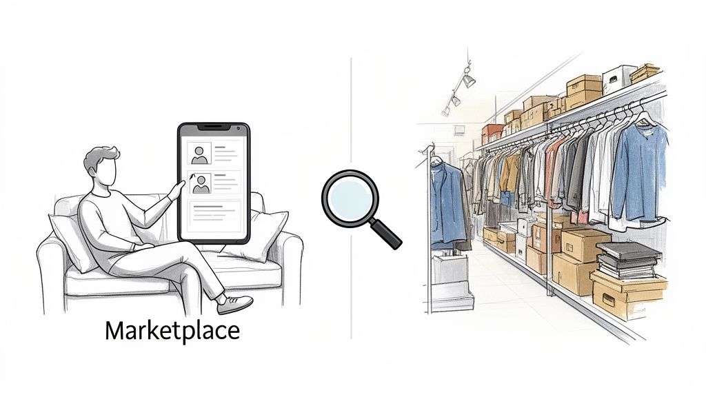 A person on a sofa uses a smartphone marketplace app to search for items in a store.