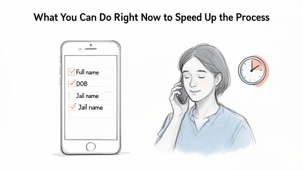 A woman on the phone with a smartphone checklist and clock, illustrating how to speed up a process.