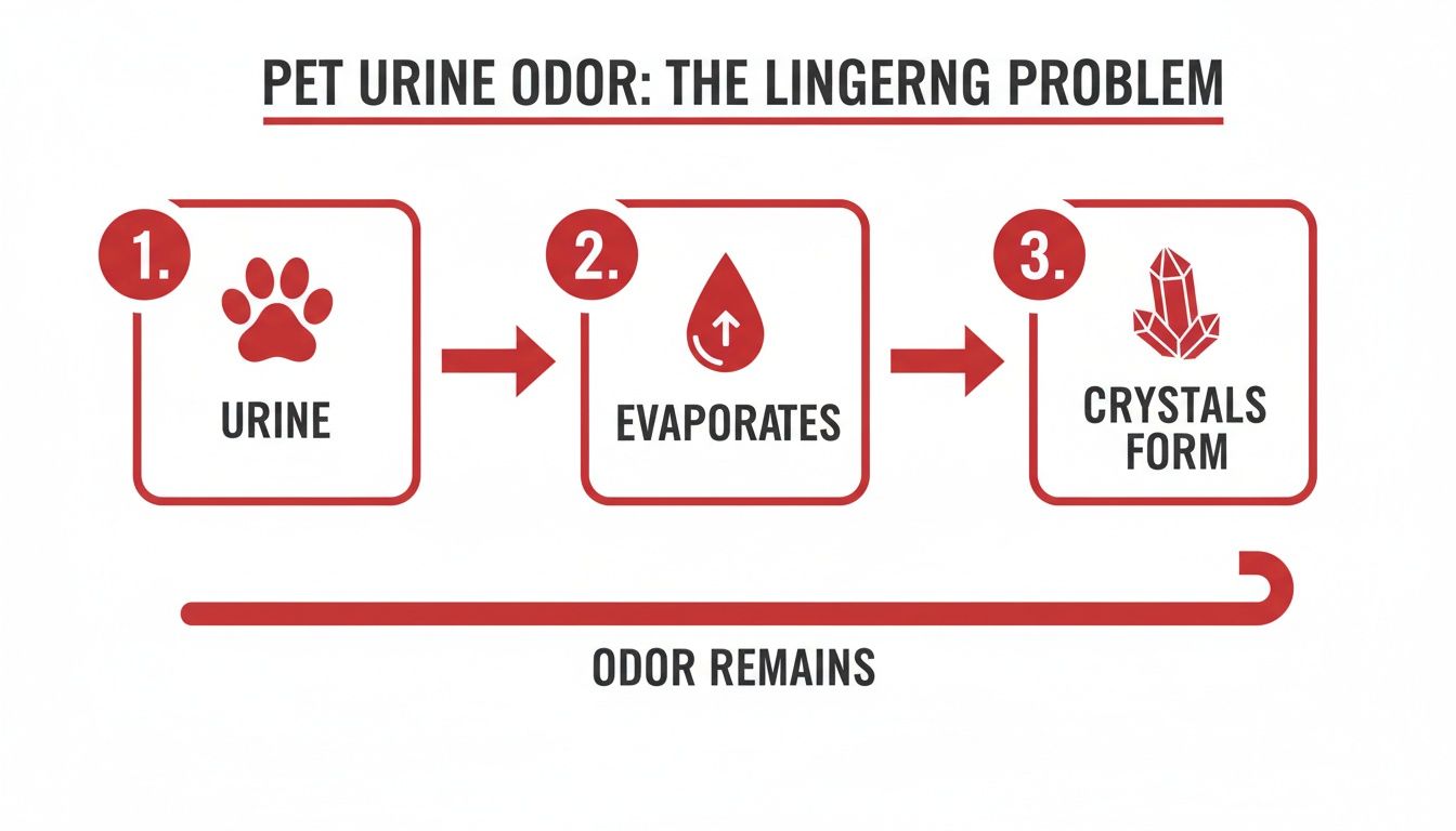 Infographic showing how pet urine evaporates, forms crystals, and leaves a lingering odor problem.