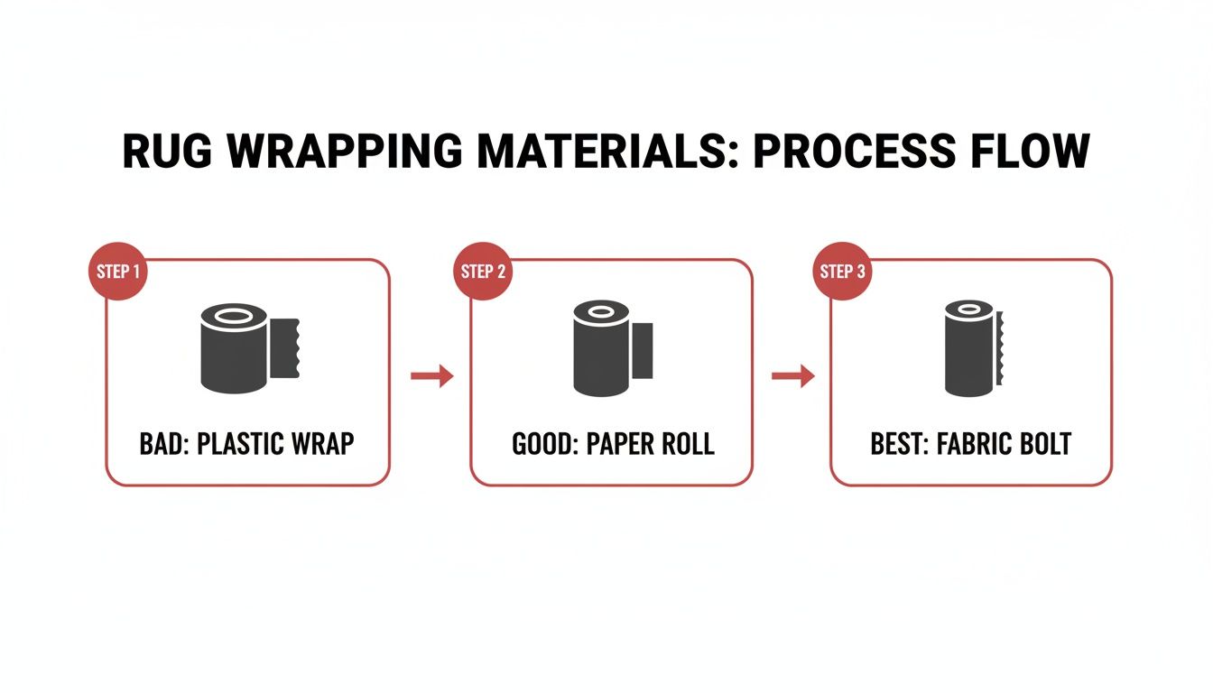 A process flow chart illustrating rug wrapping materials: plastic wrap (bad), paper roll (good), and fabric bolt (best).