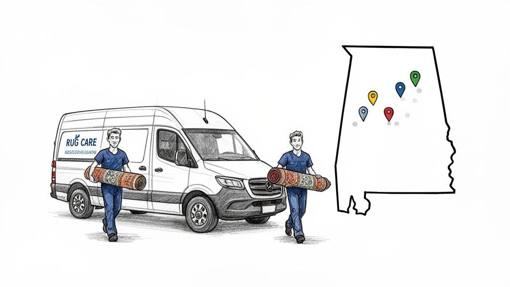 Two men carrying rolled rugs with a rug care van and map of Alabama showing service areas.