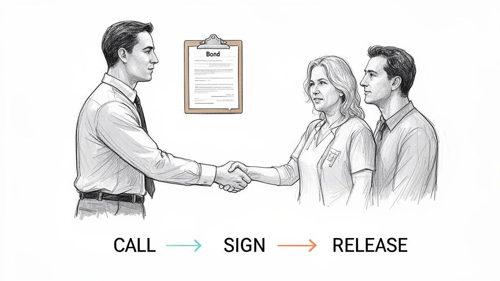 Three people, two shaking hands, with a document labeled 'Bond' and a process flow below.