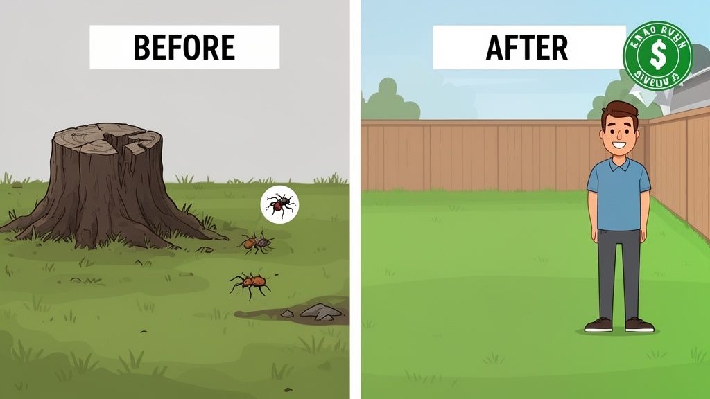 Before and after: a tree stump and ants are removed, leaving a clean lawn and a happy man.