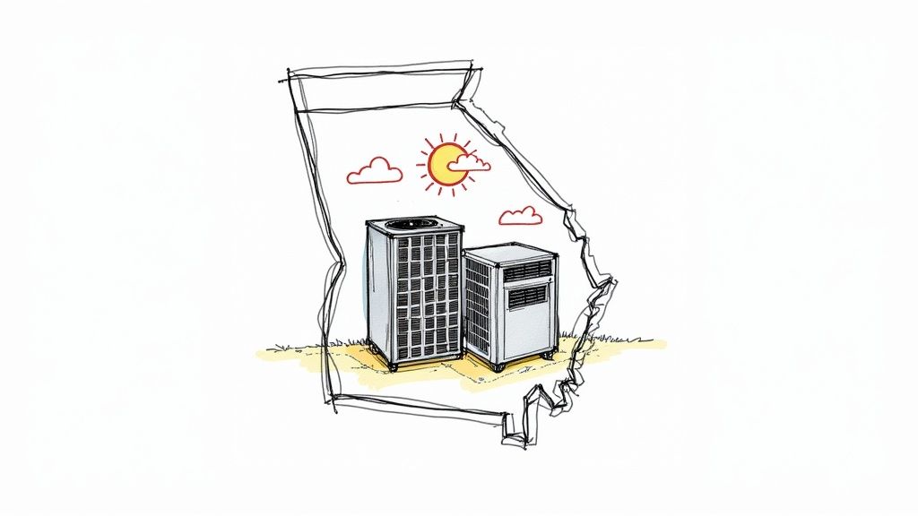 A modern ENERGY STAR certified heat pump unit installed outside a suburban Georgia home.