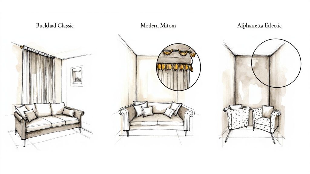 Three interior design sketches: Buckhad Classic, Modern Mitom, and Alpharreta Eclectic styles with furniture and window treatments.