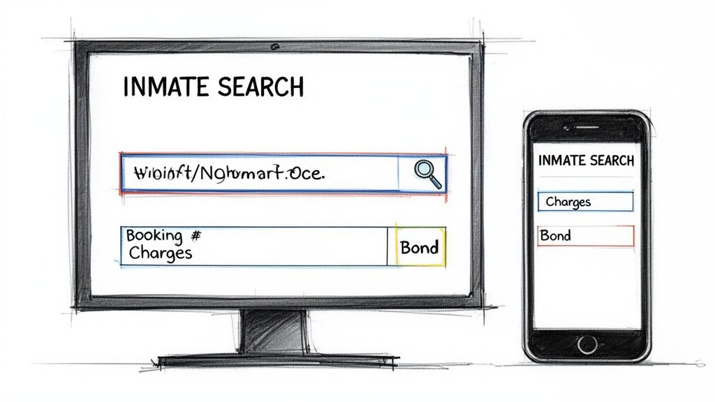 Sketch of a desktop monitor and smartphone displaying an inmate search interface with search fields and buttons.