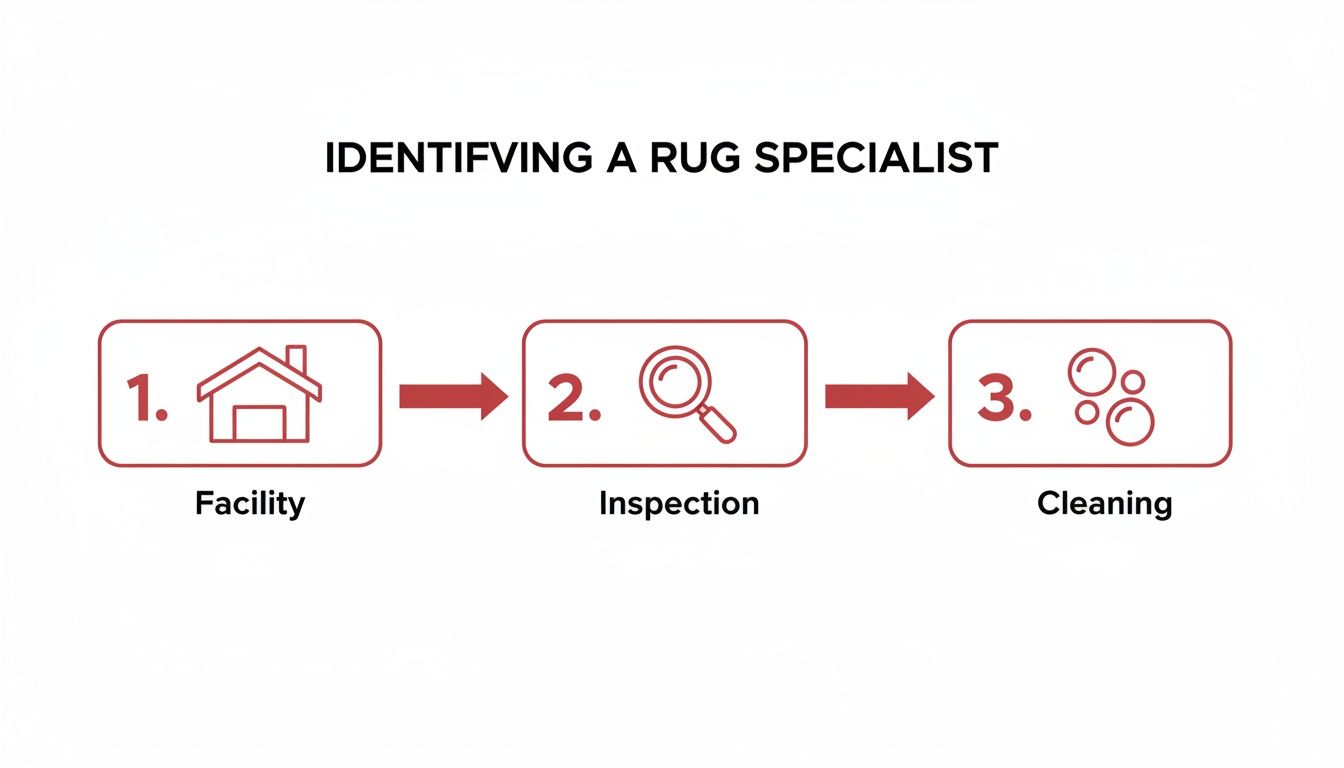 A diagram illustrating three key steps for identifying a professional rug specialist: facility, inspection, and cleaning.