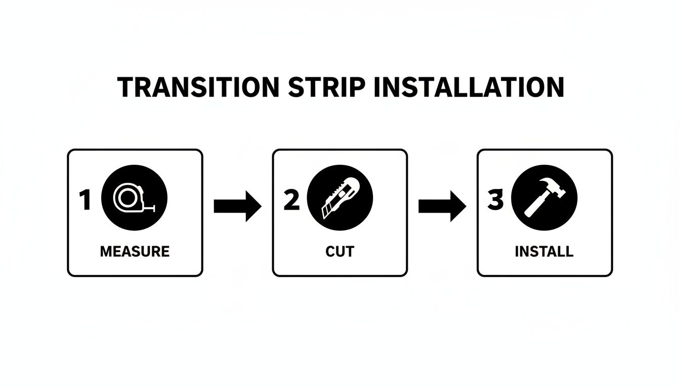 Three-step infographic for transition strip installation: measure, cut, and install with corresponding tool icons.