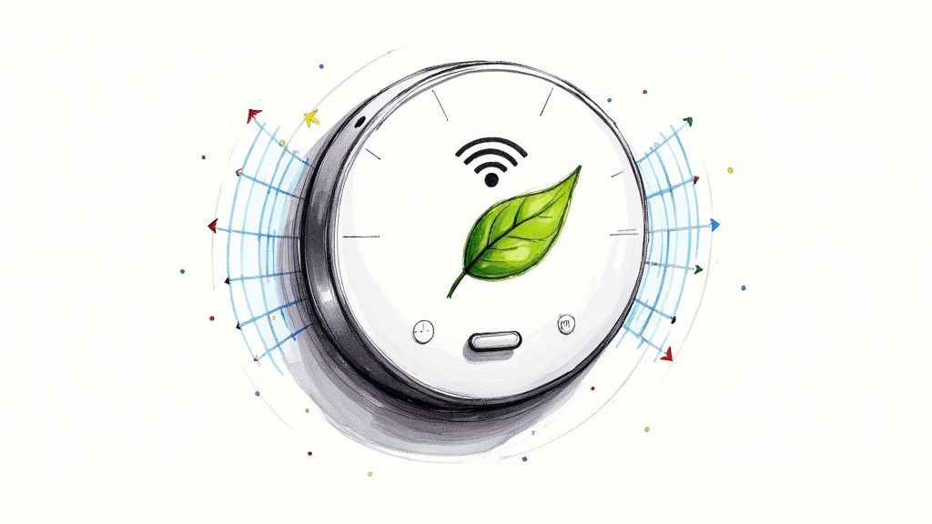 A modern smart thermostat mounted on a living room wall, displaying energy usage data.