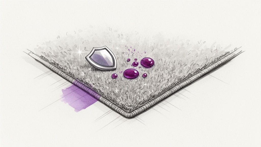 Illustration of a grey rug with a silver shield and several purple liquid drops, symbolizing stain protection.