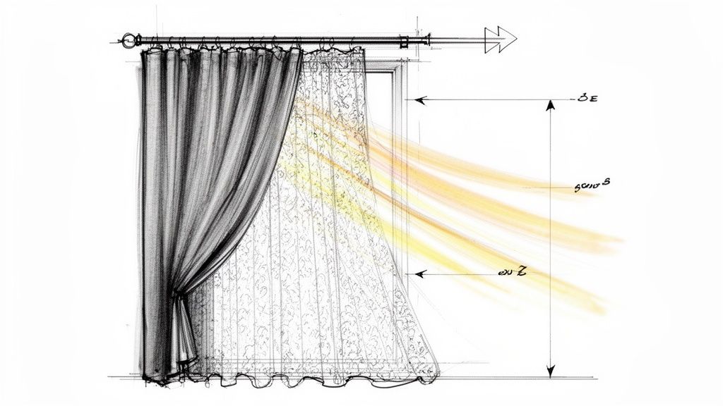 Architectural illustration of a window with layered curtains, showing sunlight filtering through sheer lace.
