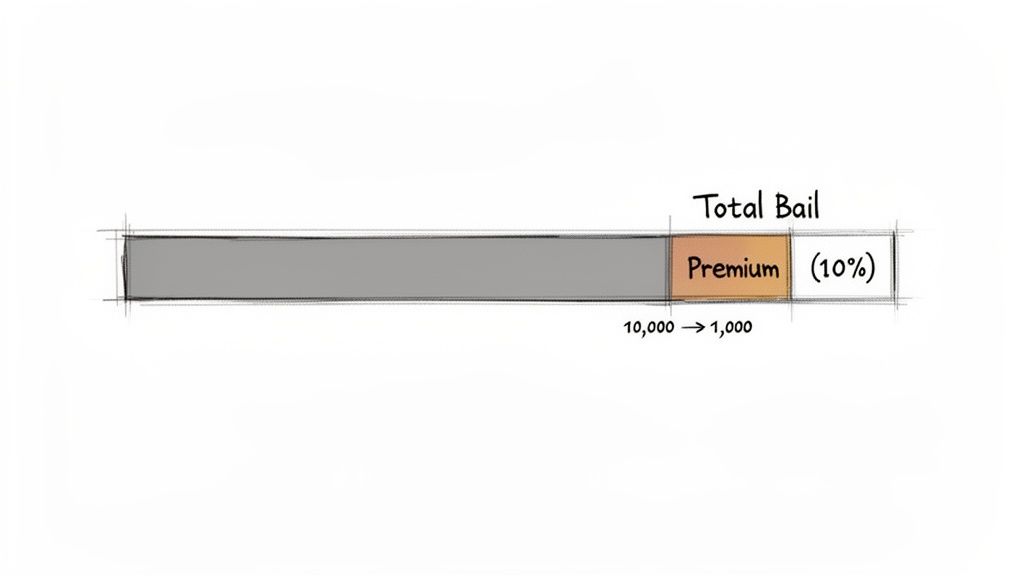 A bar chart illustrating total bail and a 10% premium amount, showing 10,000 reduces to 1,000.