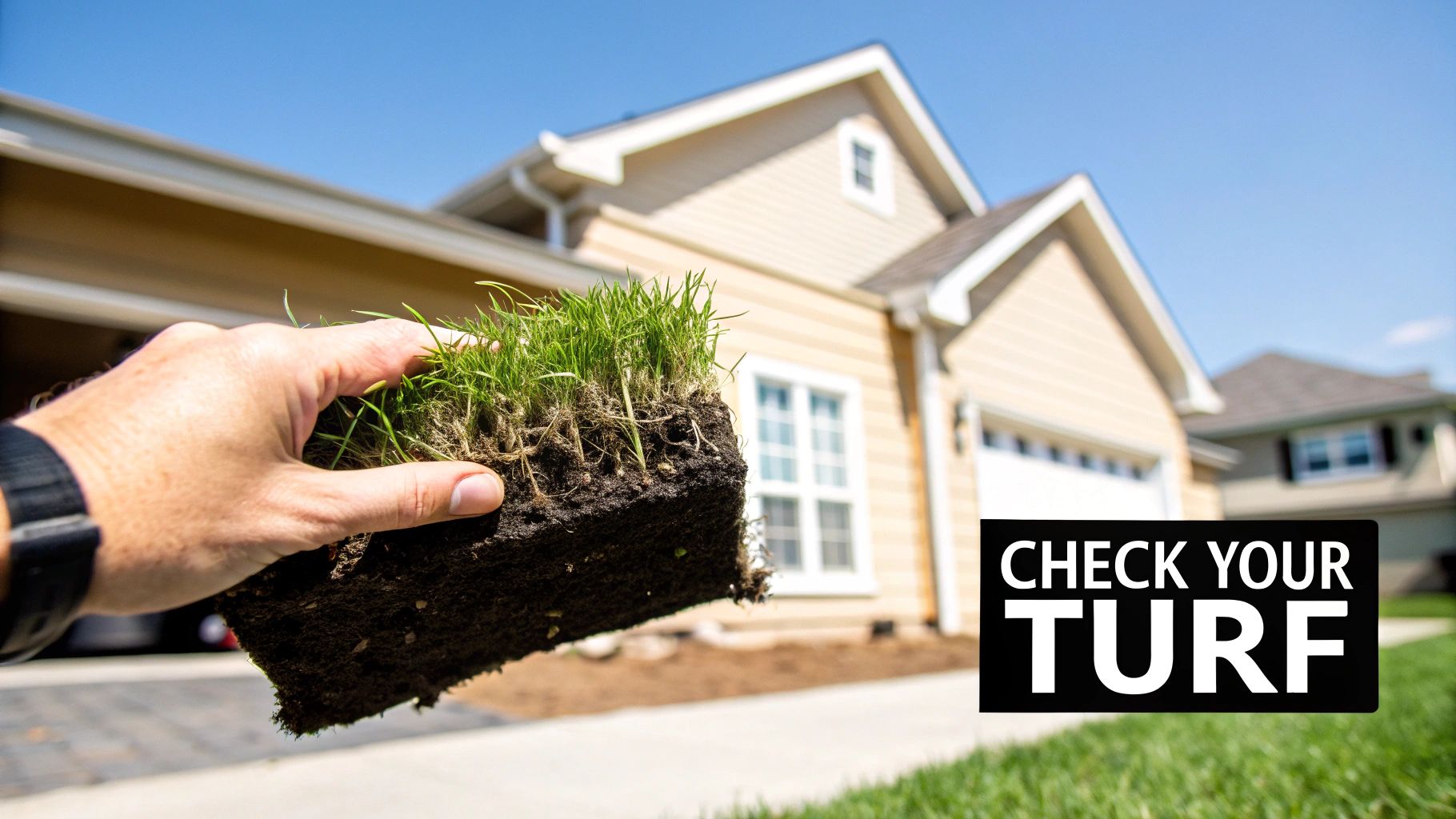 A hand holds a square of healthy green sod, showing roots and soil, in front of a house.