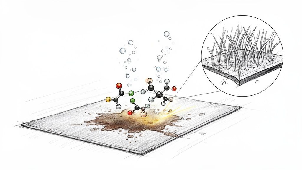 Molecular structures reacting to clean a brown spill on a carpet, with a magnified view of carpet fibers.