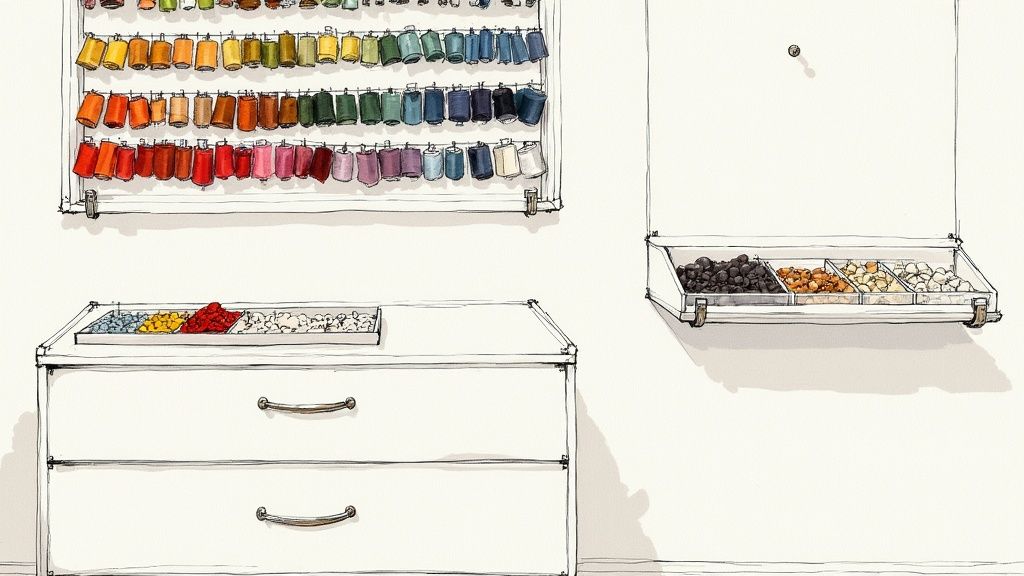 Watercolor sketch of an organized craft studio featuring colorful thread spools, beads, and notions.