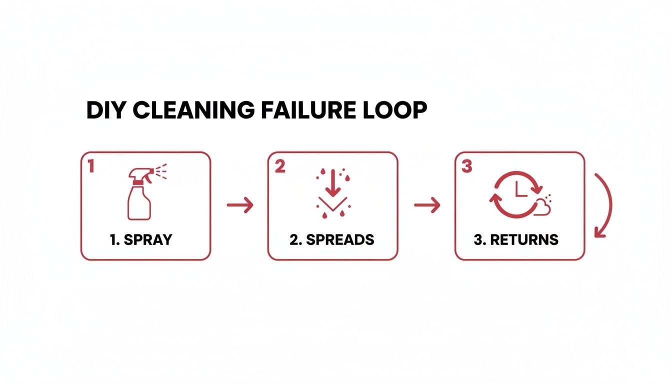Diagram illustrating the DIY cleaning failure loop: spray, spreads, and returns in a continuous cycle.